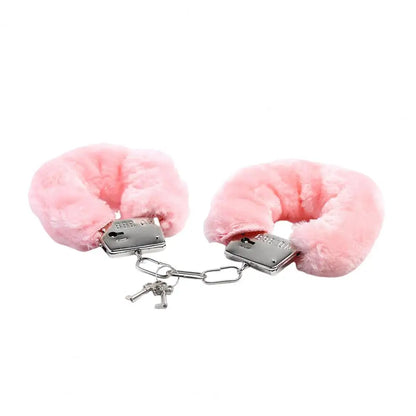 1 Pair Double Lock Manacle Faux Fur Bracelet Stainless Wrist Ankle O Ring Hand Cuffs Adult Couple Sex Toy Cops Criminal Cosplay