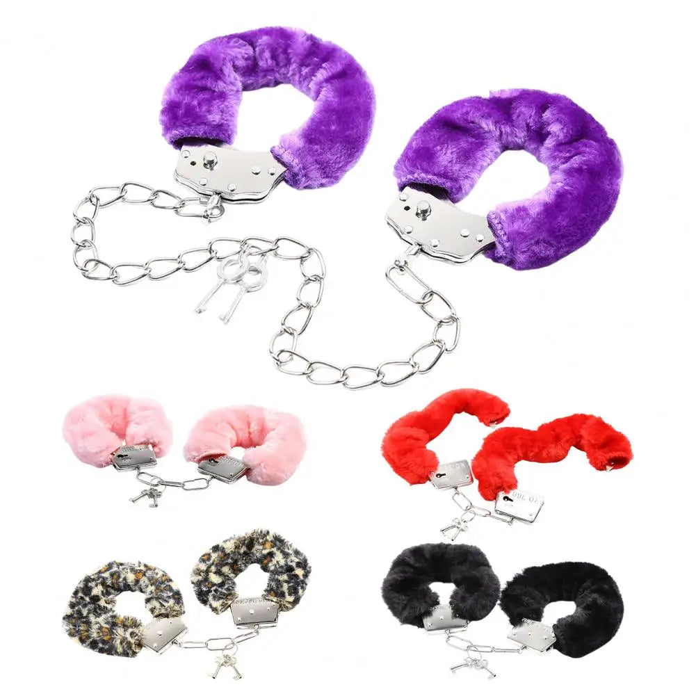 1 Pair Double Lock Manacle Faux Fur Bracelet Stainless Wrist Ankle O Ring Hand Cuffs Adult Couple Sex Toy Cops Criminal Cosplay