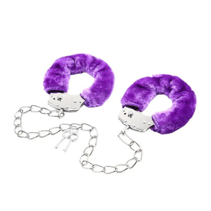 1 Pair Double Lock Manacle Faux Fur Bracelet Stainless Wrist Ankle O Ring Hand Cuffs Adult Couple Sex Toy Cops Criminal Cosplay