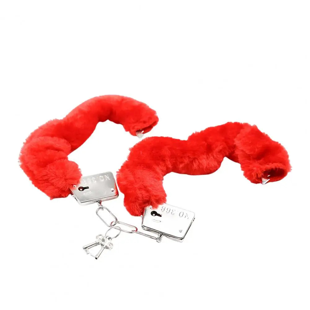 1 Pair Double Lock Manacle Faux Fur Bracelet Stainless Wrist Ankle O Ring Hand Cuffs Adult Couple Sex Toy Cops Criminal Cosplay