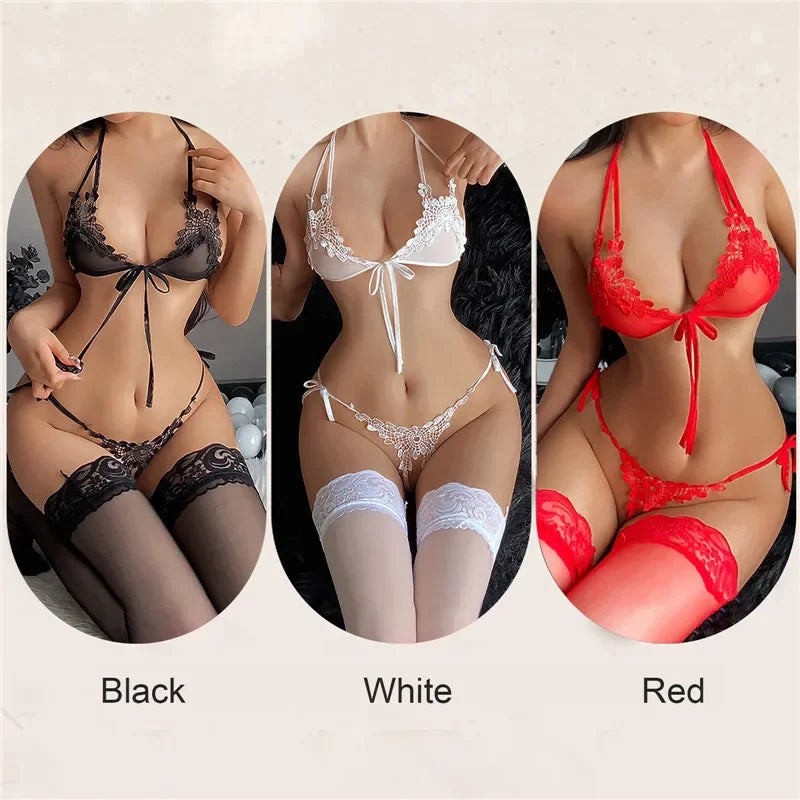 Crotchless Bra Set New Sexy Lingerie  Woman 2 Pieces Transparent Women's Lace Panties Erotic Beautiful Bra And Thong Set