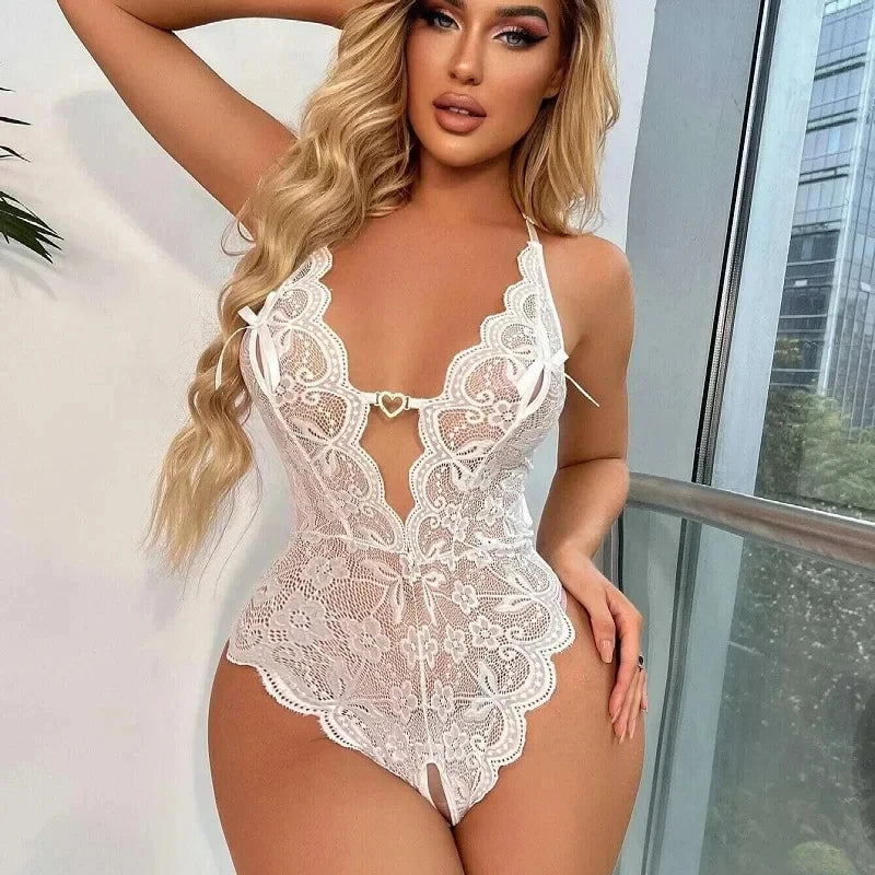 Sexy Crotchless Bra Set White Underwear Women Lace Hollow Bra Set Dress Deep V Open Bra Lingerie Set Underwear Set