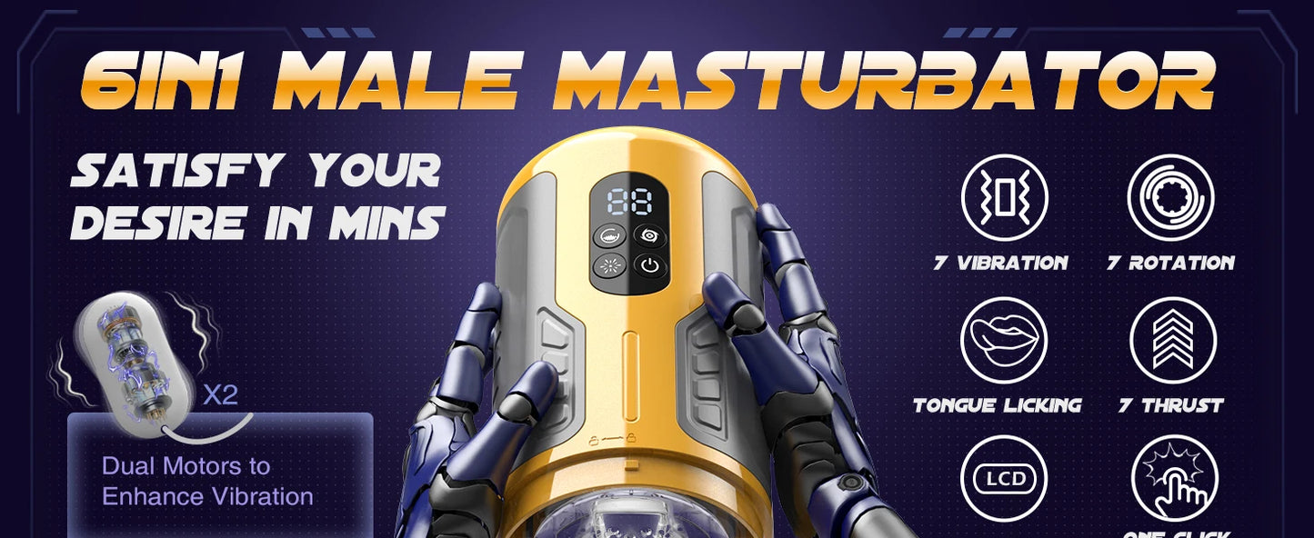 LCD Automatic Male Masturbators 7 Thrusting & Rotating Licking Pocket Pussy Stroker One-Click Burst Penis Pump Sex Toy for Men