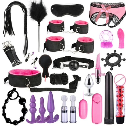 BDSM Kits Adults Sex Toys for Women Men Handcuffs Nipple Clamps Whip Spanking Sex Metal Anal Plug Vibrator Butt Bdsm Bondage Set