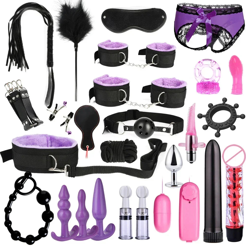 BDSM Kits Adults Sex Toys for Women Men Handcuffs Nipple Clamps Whip Spanking Sex Metal Anal Plug Vibrator Butt Bdsm Bondage Set