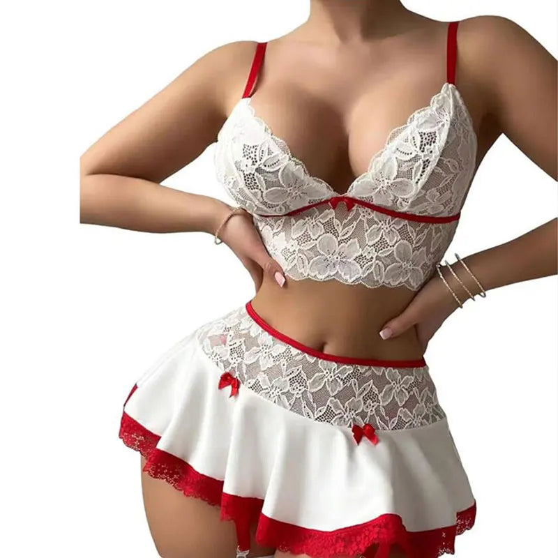 Cosplay Sexy Seamless Underwear Fancy Women Erotic Outfit Open Bra Fantasy Mini Skirt Garter Set