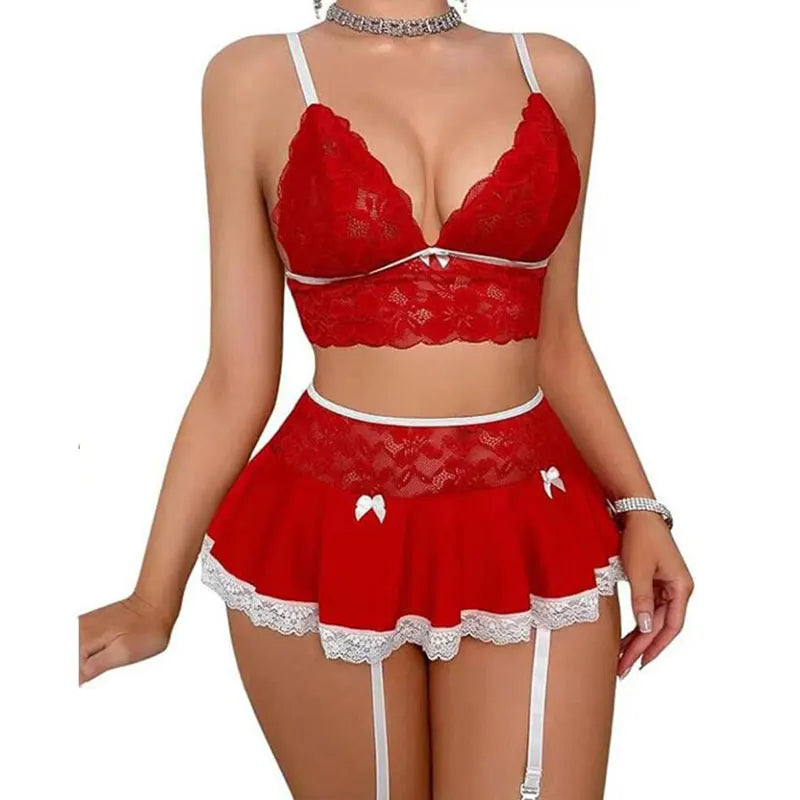 Cosplay Sexy Seamless Underwear Fancy Women Erotic Outfit Open Bra Fantasy Mini Skirt Garter Set