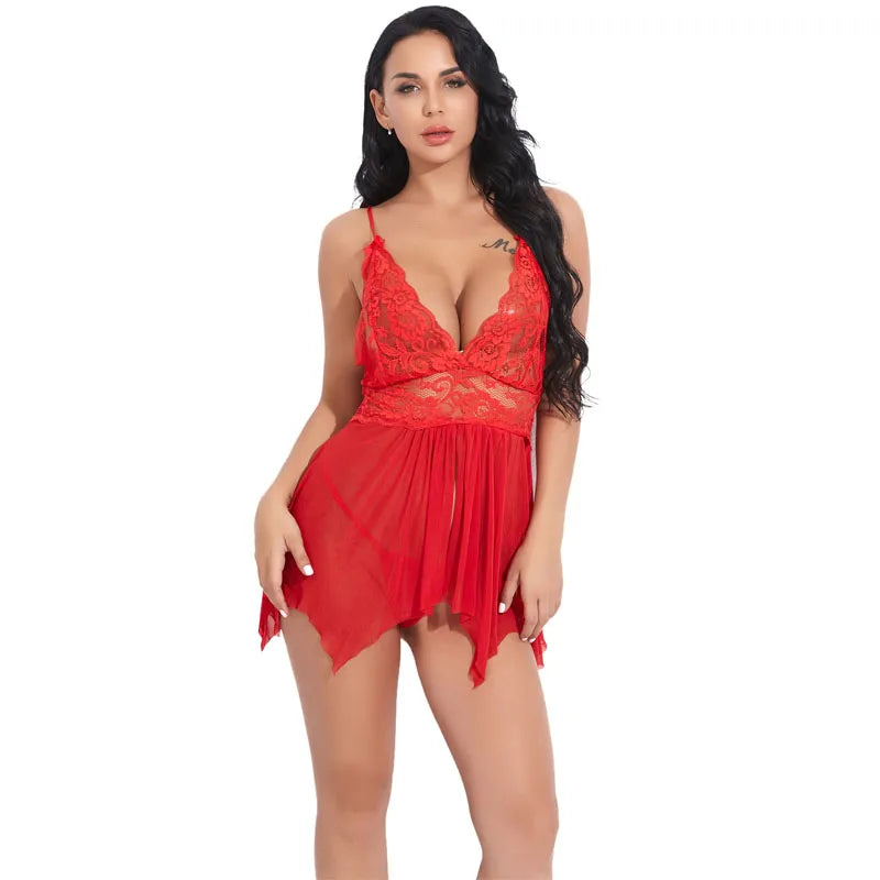 Fashion Top Ladies Sexy Lace Mesh Nightdress Set European And American Erotic Lingerie Set