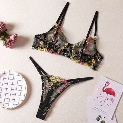 Floral Embroidery Lingerie Set Women Sheer 2-Piece Boho Bra + Panty Underwear Set Intimates