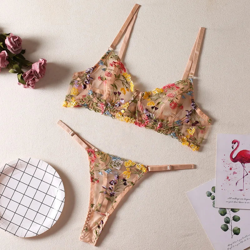 Floral Embroidery Lingerie Set Women Sheer 2-Piece Boho Bra + Panty Underwear Set Intimates