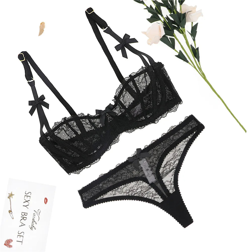 Women lingerie sexy Bra and thong set floral lace low-rise thongs breathable underwear S M L XL black and pink and white panties