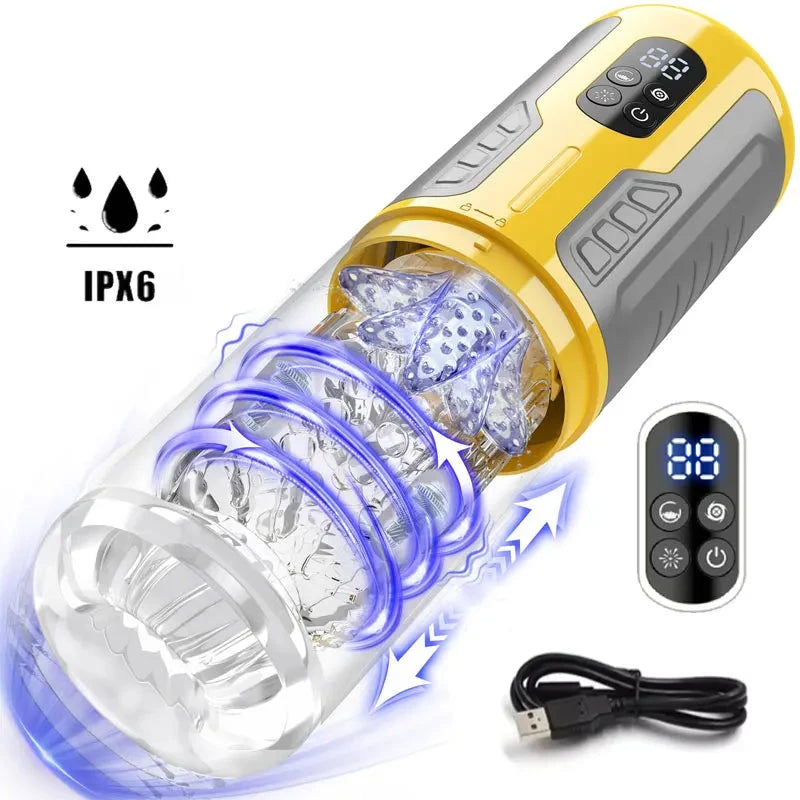 LCD Automatic Male Masturbators 7 Thrusting & Rotating Licking Pocket Pussy Stroker One-Click Burst Penis Pump Sex Toy for Men