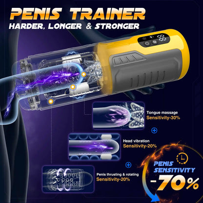 LCD Automatic Male Masturbators 7 Thrusting & Rotating Licking Pocket Pussy Stroker One-Click Burst Penis Pump Sex Toy for Men