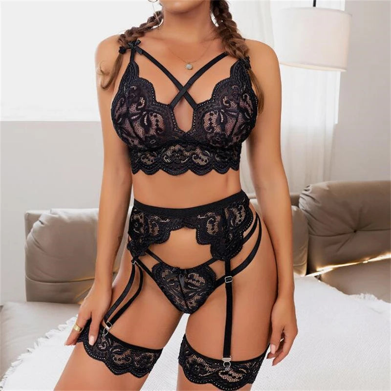 Lace Hollow Out Underwear Bra Set Sexy Lingerie Sex Sleepwear G-string Bra Suit Femme Lingerie Set  Pajamas Clothing Sexy 2023