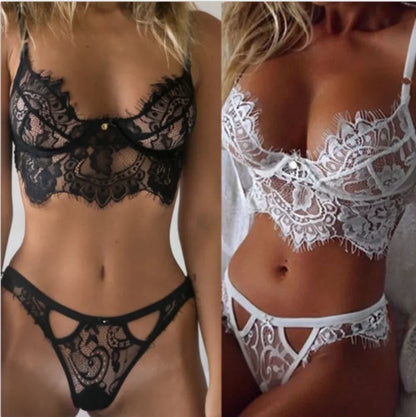 Lace Sexy Underwear Set Hollow Eyelashes Lace Lingerie Set Bra and Panty Set White Black Women Set Transparent Plus Size