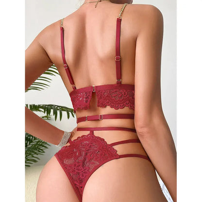 Lingerie Women Burgundy Bra Thong Sets Garter Belt Underwear Set Of 3 Body Suit Lace Semi-See-Through Bras Panties Sexy Costume