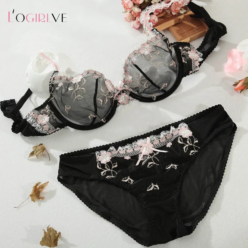 Logirlve New Embroidery Women Lace Lingerie Set Sexy Bra Panties Sets Plus Size Brassiere Ultrathin Underwear Transparent Bras