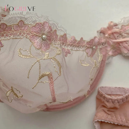 Logirlve New Embroidery Women Lace Lingerie Set Sexy Bra Panties Sets Plus Size Brassiere Ultrathin Underwear Transparent Bras