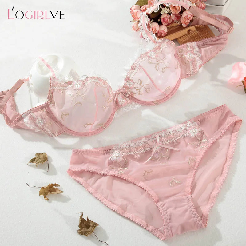 Logirlve New Embroidery Women Lace Lingerie Set Sexy Bra Panties Sets Plus Size Brassiere Ultrathin Underwear Transparent Bras