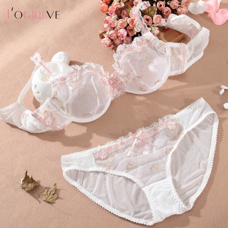 Logirlve New Embroidery Women Lace Lingerie Set Sexy Bra Panties Sets Plus Size Brassiere Ultrathin Underwear Transparent Bras