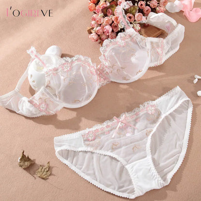 Logirlve New Embroidery Women Lace Lingerie Set Sexy Bra Panties Sets Plus Size Brassiere Ultrathin Underwear Transparent Bras