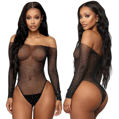 New Plus Size Lingerie Bling Rhinestone Sexy Women Fetish Fishing Net Underwear See Through Hollow Erotic Bodysuit Evening Dress