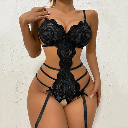 Open Bra Backless G-string One Piece Sexy Bras Set Sexy Crotchless Bra Set Lingerie Women Lace Hollow Bra Deep V Underwea