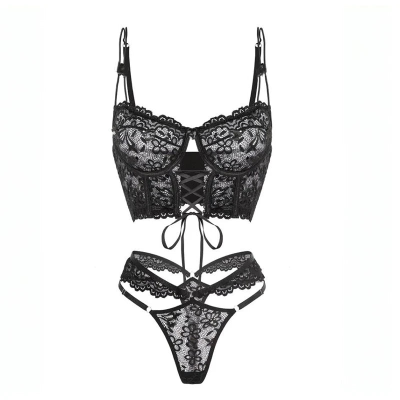 Porno Lace Sexy Lingerie Set Erotic Hot Underwear Women Bra and Panty Thong Transparent Lace Black Open Intimates Lenceria Set