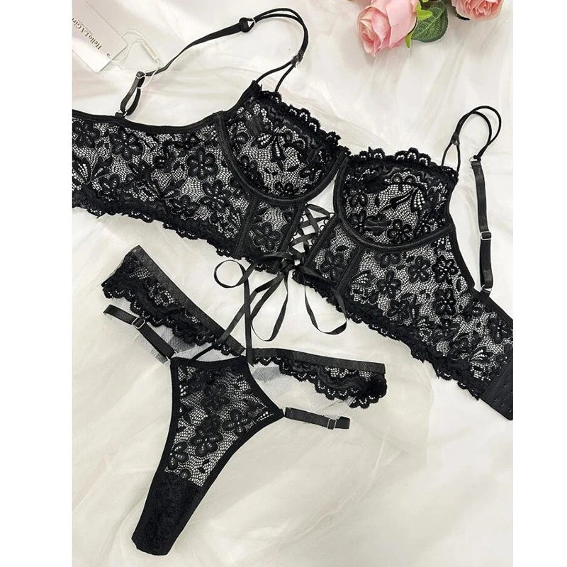 Porno Lace Sexy Lingerie Set Erotic Hot Underwear Women Bra and Panty Thong Transparent Lace Black Open Intimates Lenceria Set