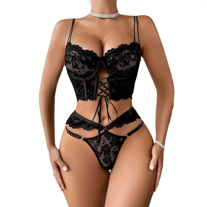 Porno Lace Sexy Lingerie Set Erotic Hot Underwear Women Bra and Panty Thong Transparent Lace Black Open Intimates Lenceria Set