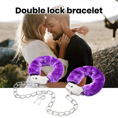 1 Pair Double Lock Manacle Faux Fur Bracelet Stainless Wrist Ankle O Ring Hand Cuffs Adult Couple Sex Toy Cops Criminal Cosplay