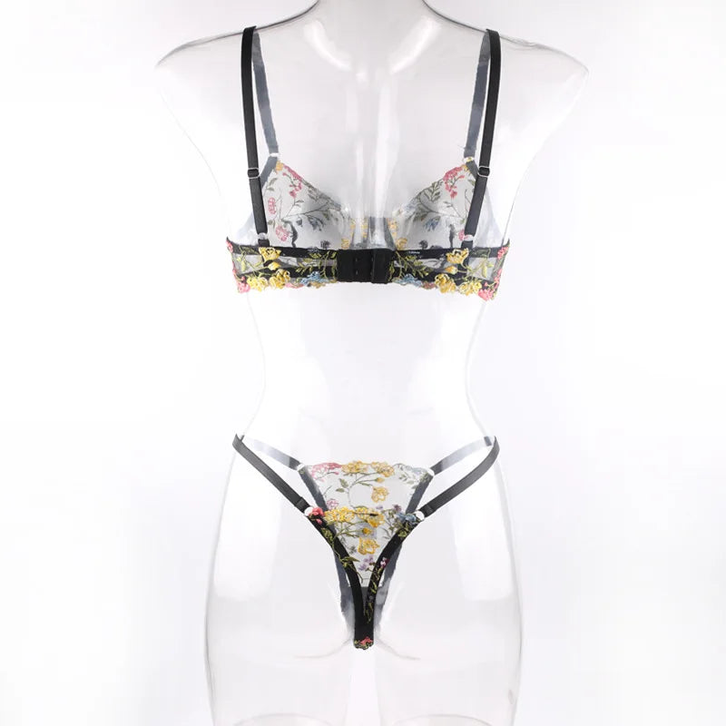 Floral Embroidery Lingerie Set Women Sheer 2-Piece Boho Bra + Panty Underwear Set Intimates