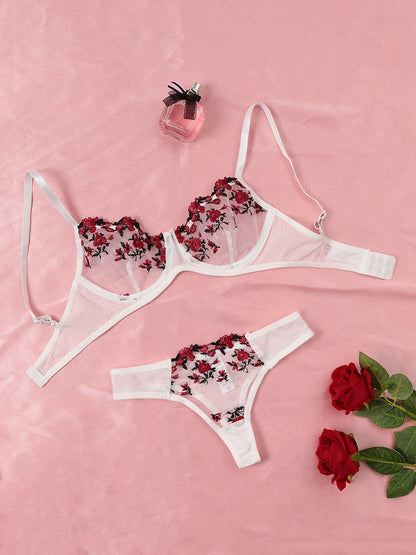 Sexy Lace Lingerie Push Up Lingerie Semi-Sheer Bra And Panty Sets Women Gathering Chest Underwear Flower Embroidery Bralette Set