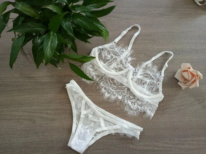 Lace Sexy Underwear Set Hollow Eyelashes Lace Lingerie Set Bra and Panty Set White Black Women Set Transparent Plus Size