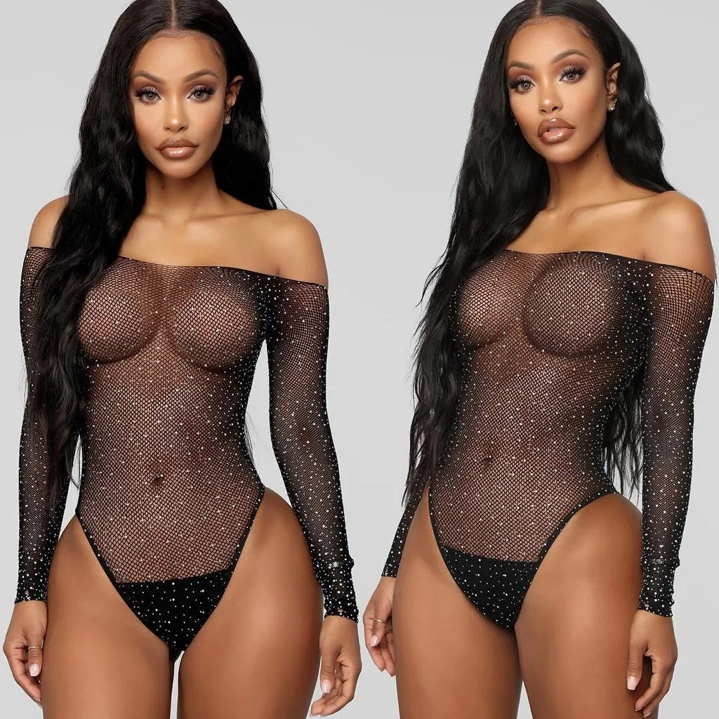 Lingerie Sexy Bodysuit Diamond Fishnet Bodysuit Mesh Pantyhose Babydoll Rhinestone Nylon Shiny Pantyhose Hosiery Fishnet