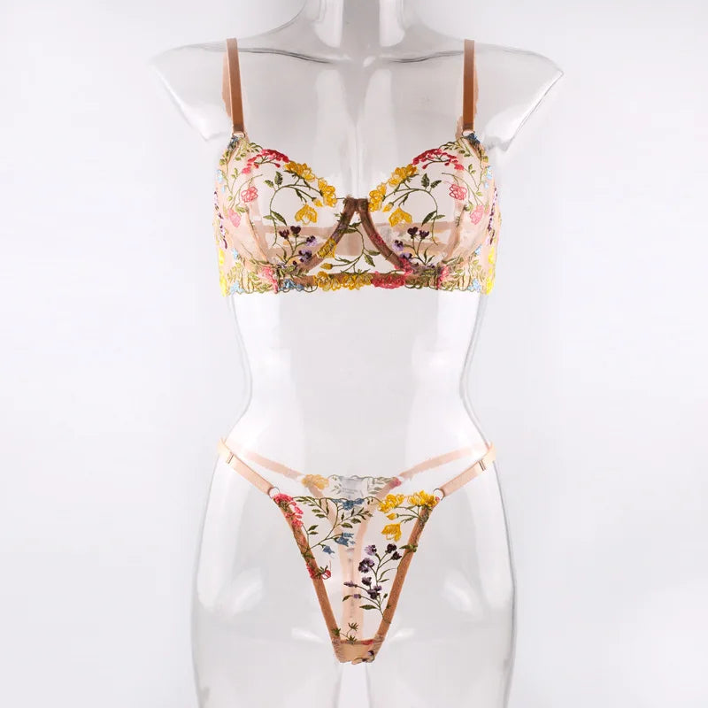 Floral Embroidery Lingerie Set Women Sheer 2-Piece Boho Bra + Panty Underwear Set Intimates