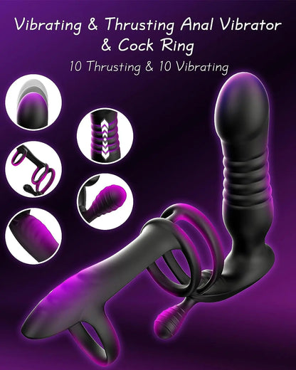 Anal Prostate Massager 3 Ring Vibrating Cock Ring,Anal Plug Male Sex Toy With 10 Thrusting & 10 Vibrating  Sex Toys For Men