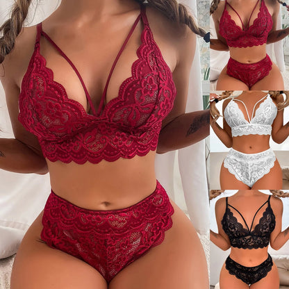 Womens Sexy Floral Embroidery Lace Lingerie Set See Through Erotic Lingerie Hot Porn Intimate Bras and Panties Underwear Set