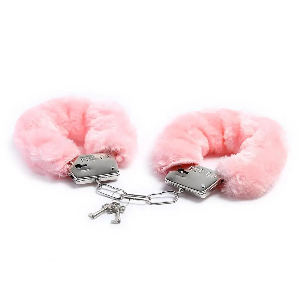 1 Pair Double Lock Manacle Faux Fur Bracelet Stainless Wrist Ankle O Ring Hand Cuffs Adult Couple Sex Toy Cops Criminal Cosplay