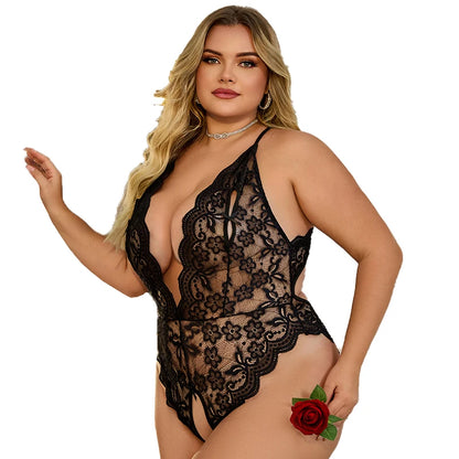 XL-4XL Plus Size Women Clothing Black Hollow Out Bodysuit Sexy Woman Body One Piece Lace Lingerie Erotic Crotchless Fetish Dress