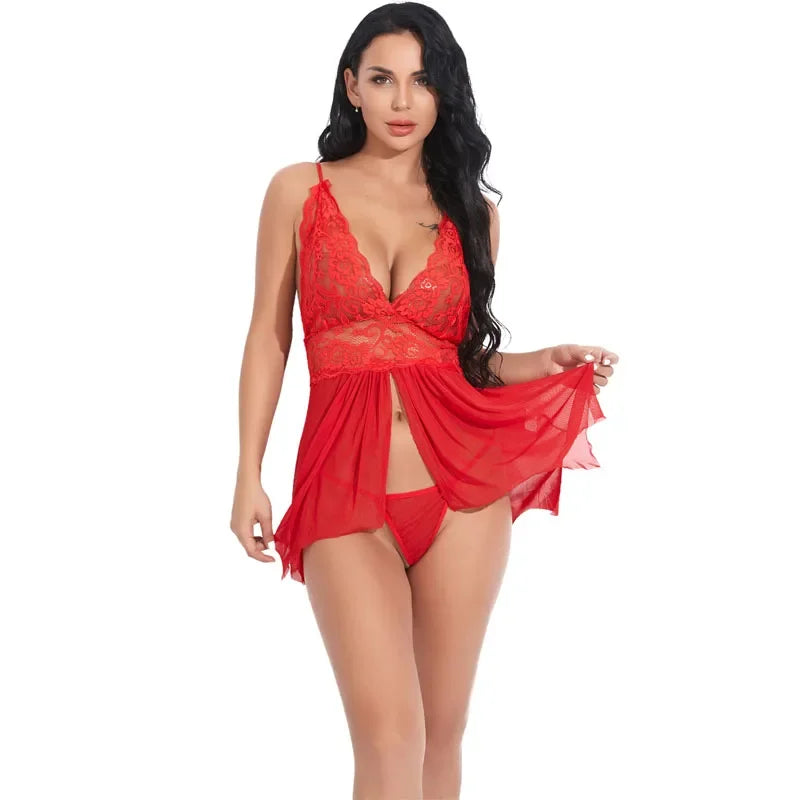 Fashion Top Ladies Sexy Lace Mesh Nightdress Set European And American Erotic Lingerie Set