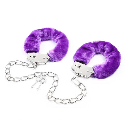 1 Pair Double Lock Manacle Faux Fur Bracelet Stainless Wrist Ankle O Ring Hand Cuffs Adult Couple Sex Toy Cops Criminal Cosplay