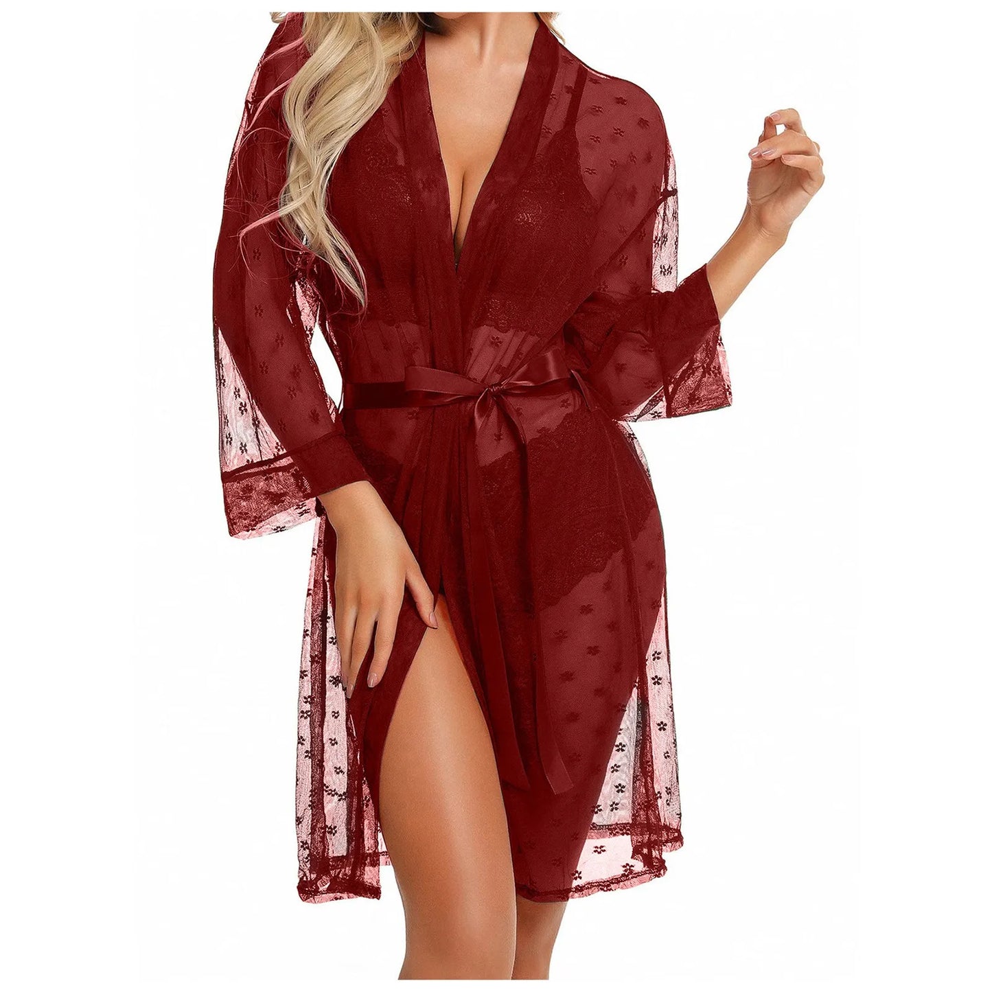 Women's Robe Dress With Bra Panty 3 Piece Set Sexy Lingerie Lace Sheer See-Through Pajama Set Erotic Porn Babydoll Nightdress