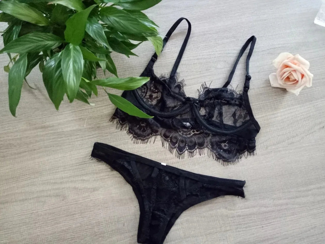 Lace Sexy Underwear Set Hollow Eyelashes Lace Lingerie Set Bra and Panty Set White Black Women Set Transparent Plus Size