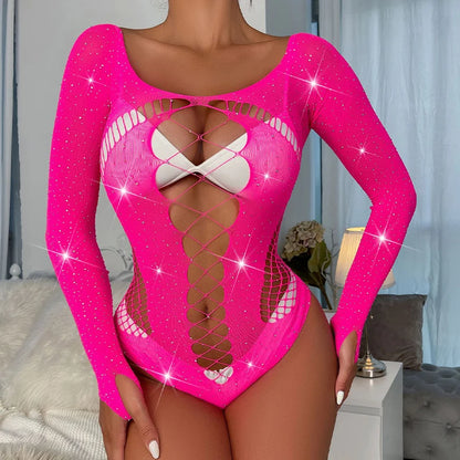 New Plus Size Lingerie Bling Rhinestone Sexy Women Fetish Fishing Net Underwear See Through Hollow Erotic Bodysuit Evening Dress