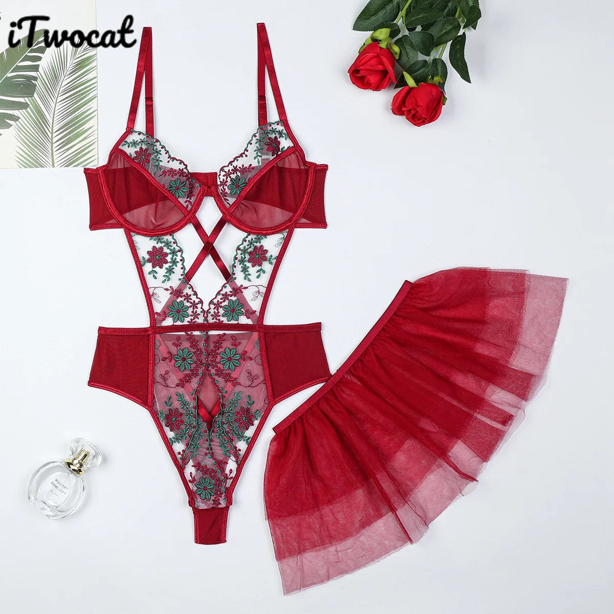 iTwocat 1pcs Embroidery Floral Sexy Lingerie Bodysuit Women Erotic Costume Lace Red Flower Hollow Out Sexy Underwear 2025