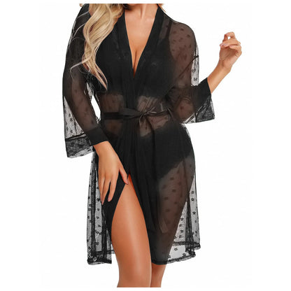 Women's Robe Dress With Bra Panty 3 Piece Set Sexy Lingerie Lace Sheer See-Through Pajama Set Erotic Porn Babydoll Nightdress