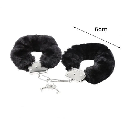 1 Pair Double Lock Manacle Faux Fur Bracelet Stainless Wrist Ankle O Ring Hand Cuffs Adult Couple Sex Toy Cops Criminal Cosplay