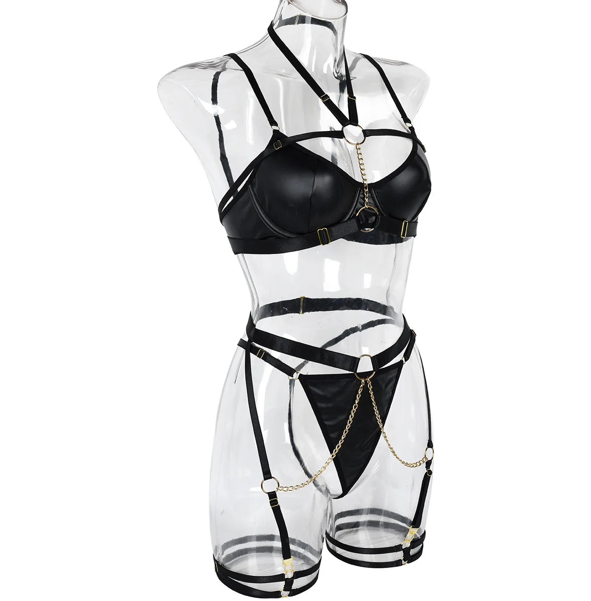 Women Latex Lingerie Erotic Leather Underwear Halter Bra And Panty Set Sexy Outfit With Chain Lady Gothic Erotic Sets