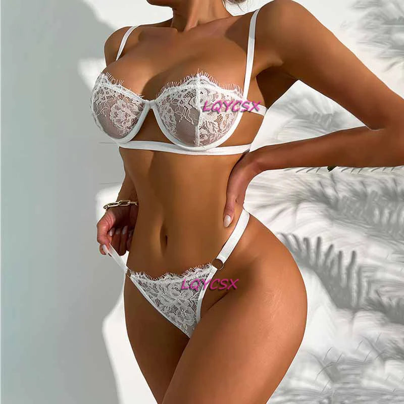 Lace Transparent Lingerie For Women Bra Set Floral Exotic Sheer Half Cup Bra Panty Lingerie Set Fashion Sexy Women's Underwear